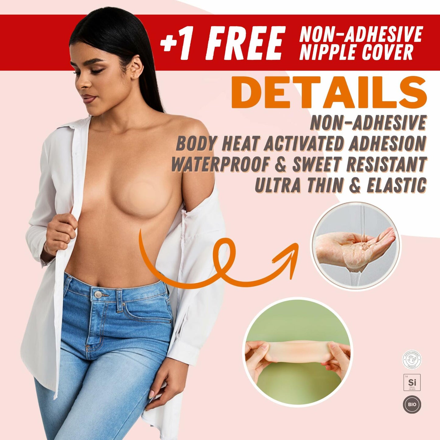 Rita Adhesive Strapless Push-Up Silicone Bra Nude C + Nipple Covers Size C