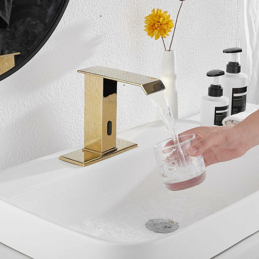 YBlucklly Automatic Sensor Touchless Gold Bathroom Sink Faucet DC Powered