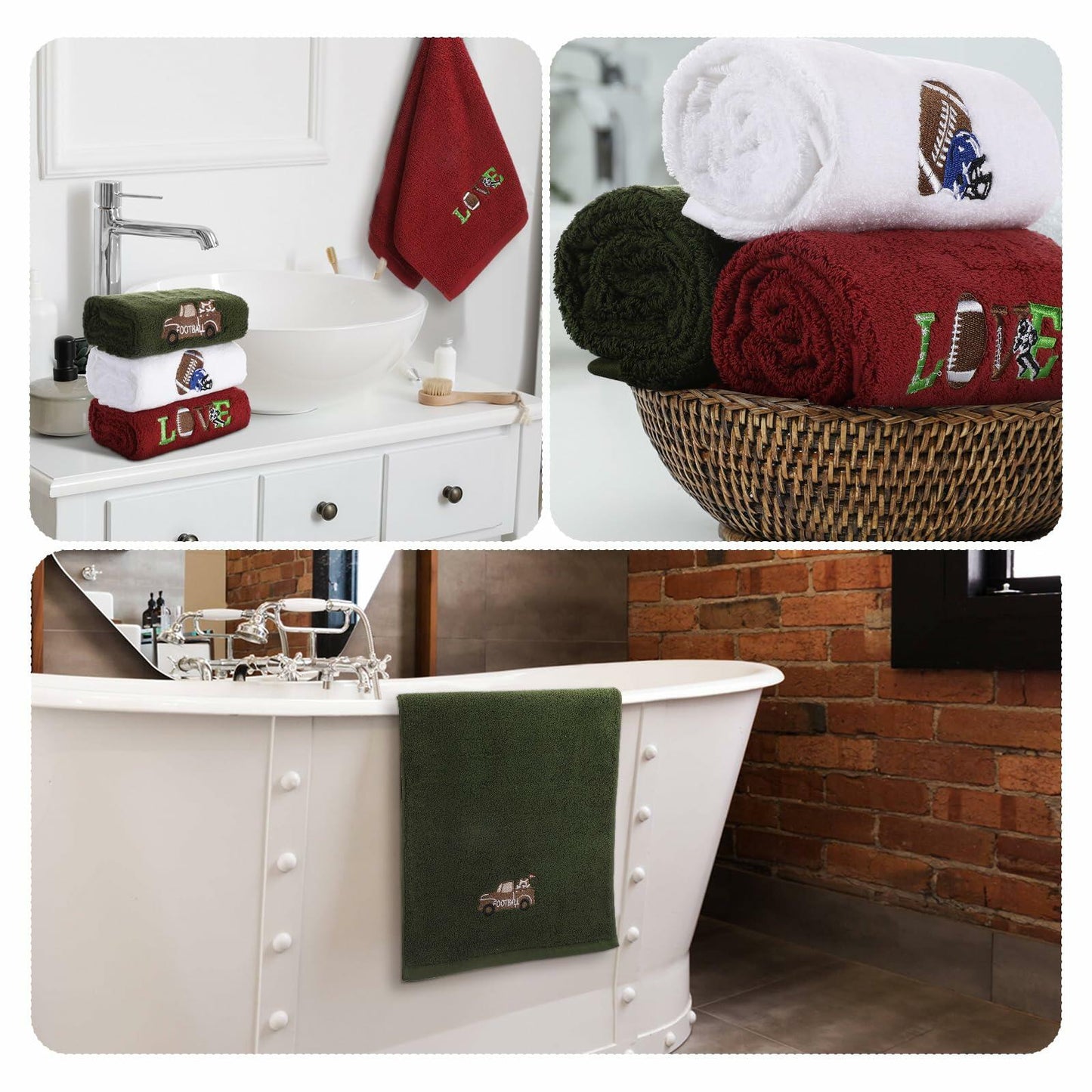 Fanfanwin 3 Pc Cotton Football Hand Towels 14x29 Rust Dark Green White