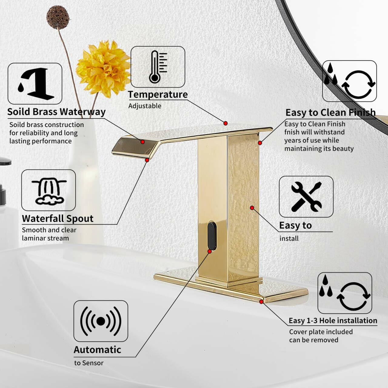 YBlucklly Automatic Sensor Touchless Gold Bathroom Sink Faucet DC Powered