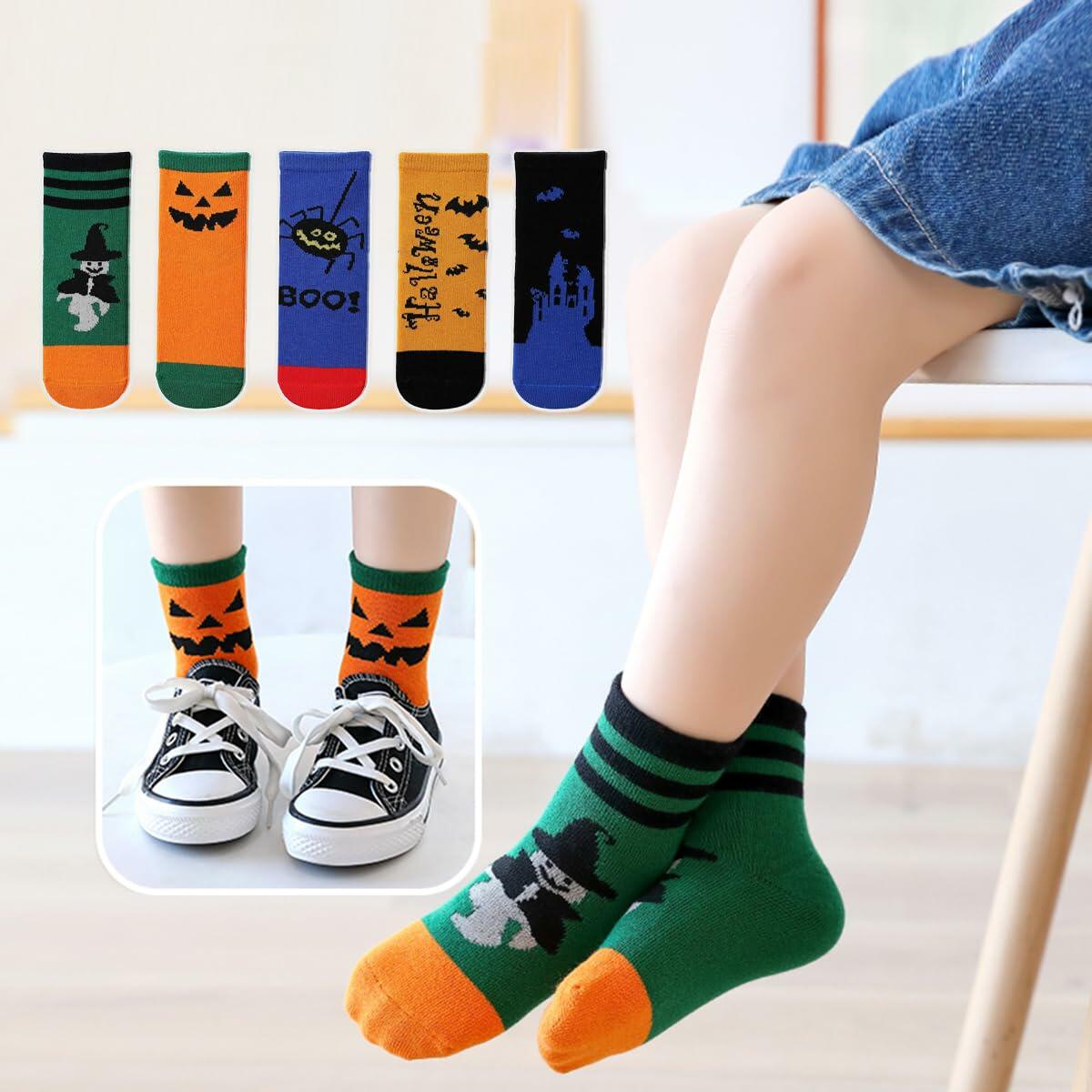 PAPPNTI Kids Halloween Cartoon Crew Socks 5 Pairs Multicolor Size 7-10
