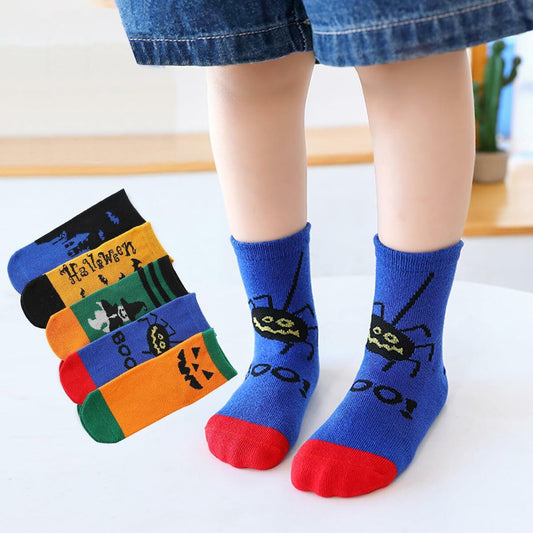 PAPPNTI Kids Halloween Cartoon Crew Socks 5 Pairs Multicolor Size 7-10