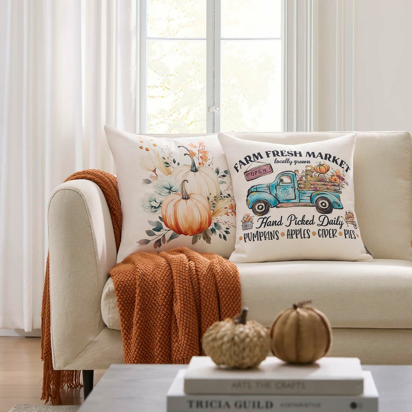 Meekio 4-Pack Fall Pillow Covers 18x18 Blue Pumpkin Truck Linen Decor