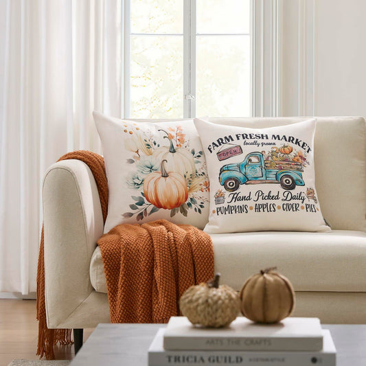 Meekio 4-Pack Fall Pillow Covers 18x18 Blue Pumpkin Truck Linen Decor