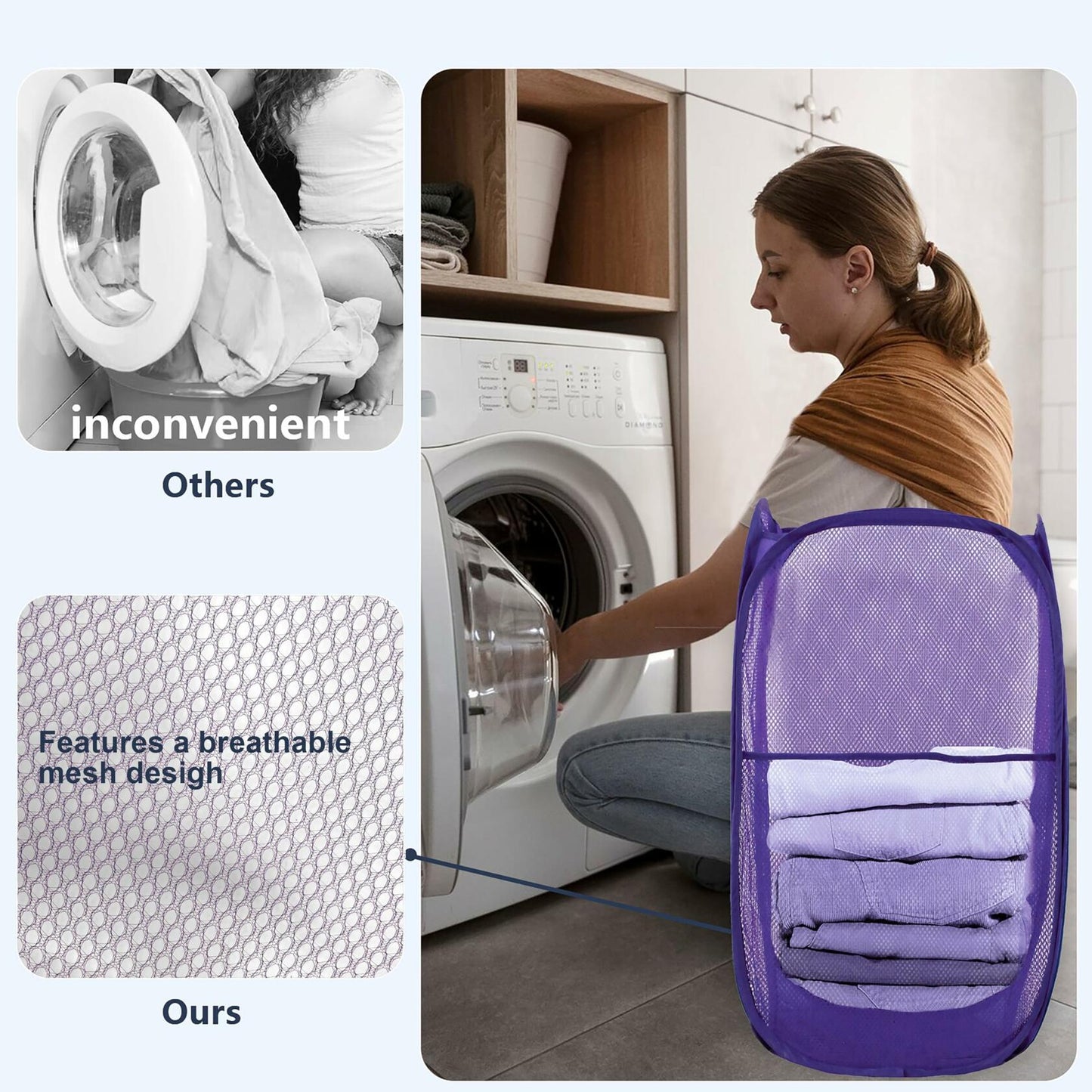 LXLOVESM Pop Up Mesh Laundry Hamper Foldable Purple 14x14x24 inches