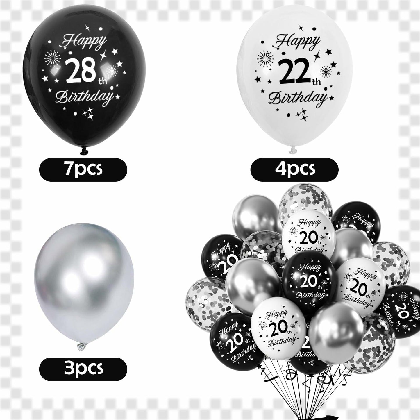 29th Birthday Balloons Set 16pcs Black Silver Latex Confetti Party Decor