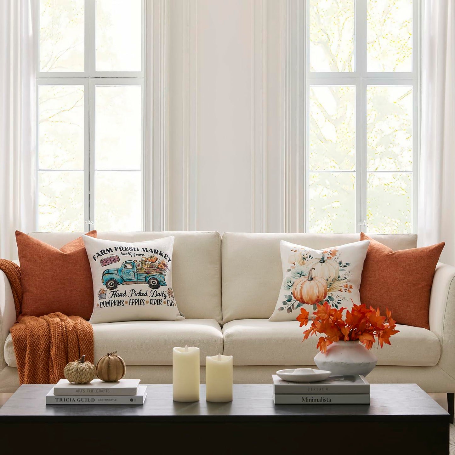 Meekio 4-Pack Fall Pillow Covers 18x18 Blue Pumpkin Truck Linen Decor