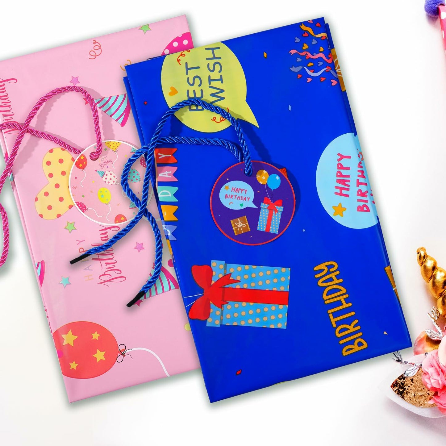 Plauthus 56" Jumbo Plastic Gift Bag Birthday Pattern Blue & Pink Pack of 2