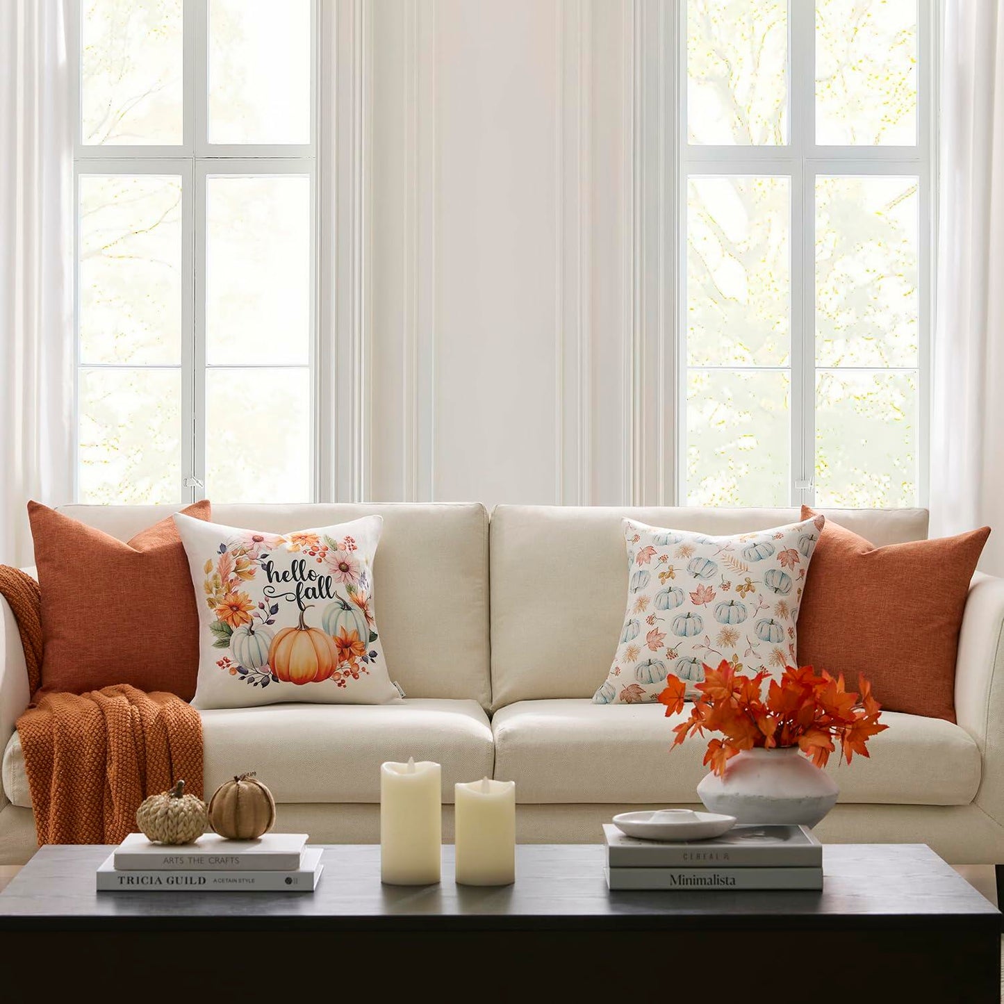 Meekio 4-Pack Fall Pillow Covers 18x18 Blue Pumpkin Truck Linen Decor