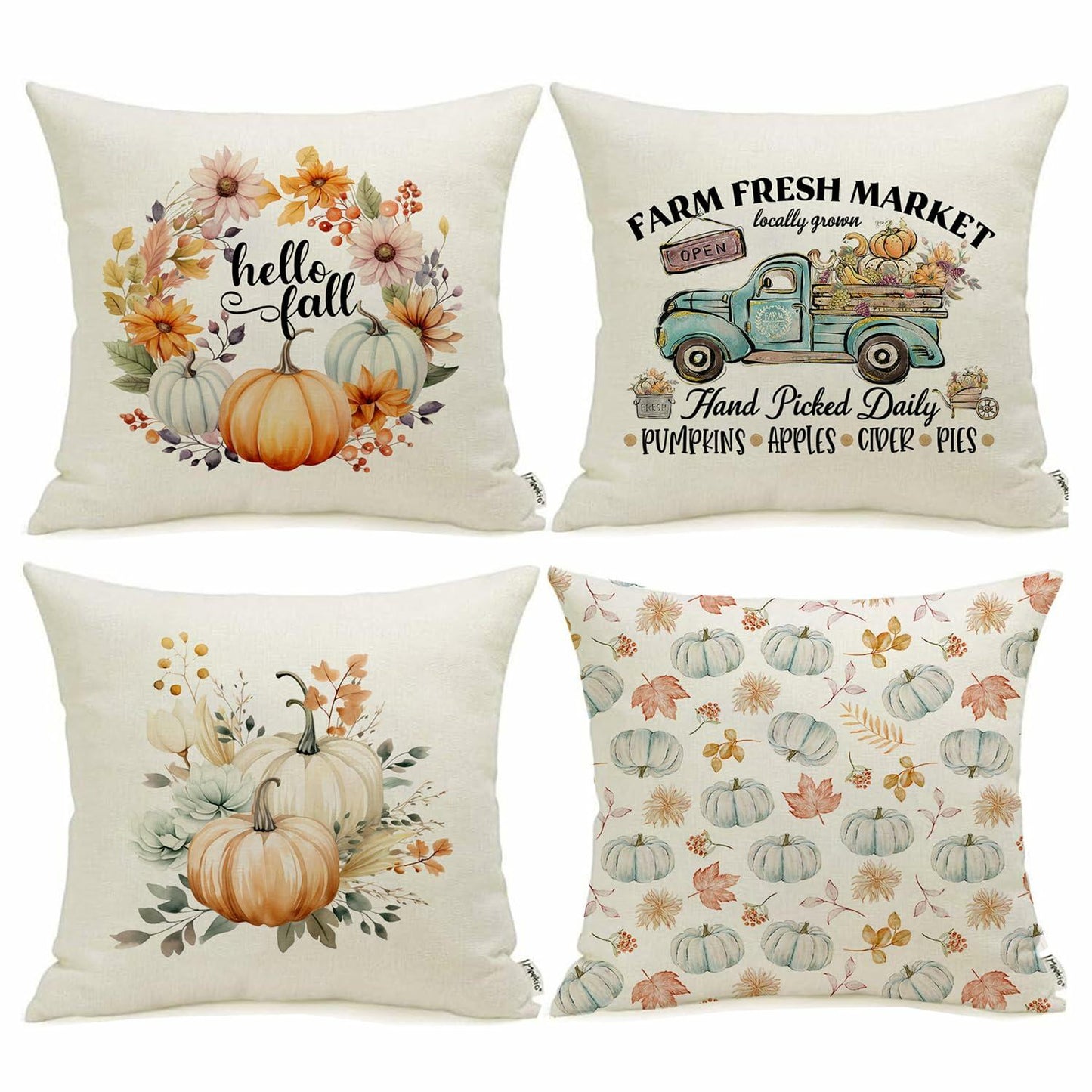 Meekio 4-Pack Fall Pillow Covers 18x18 Blue Pumpkin Truck Linen Decor