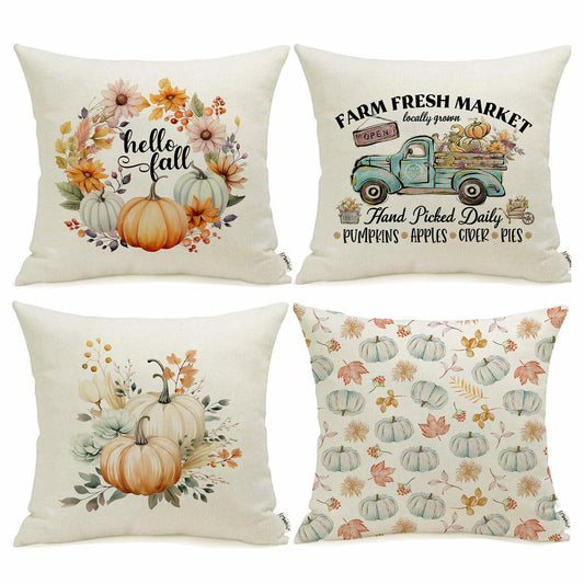 Meekio 4-Pack Fall Pillow Covers 18x18 Blue Pumpkin Truck Linen Decor
