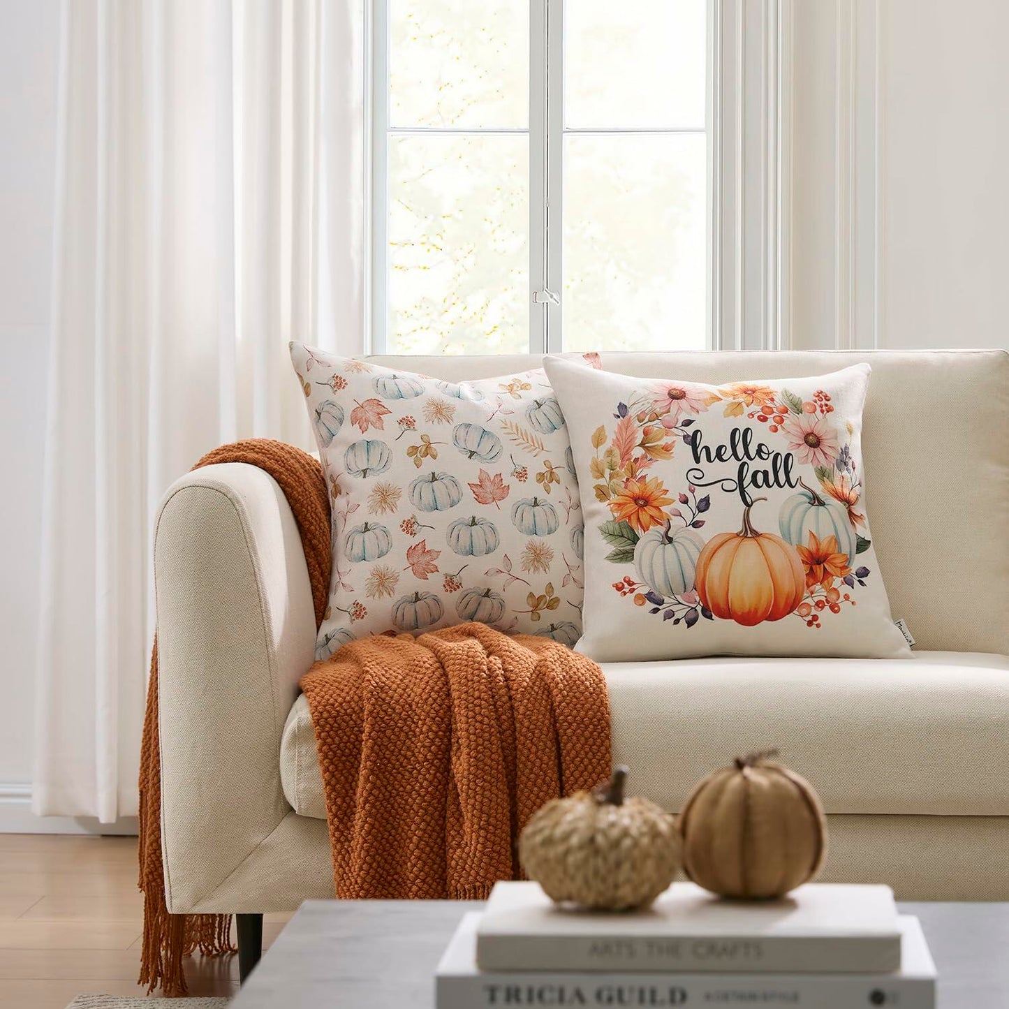 Meekio 4-Pack Fall Pillow Covers 18x18 Blue Pumpkin Truck Linen Decor