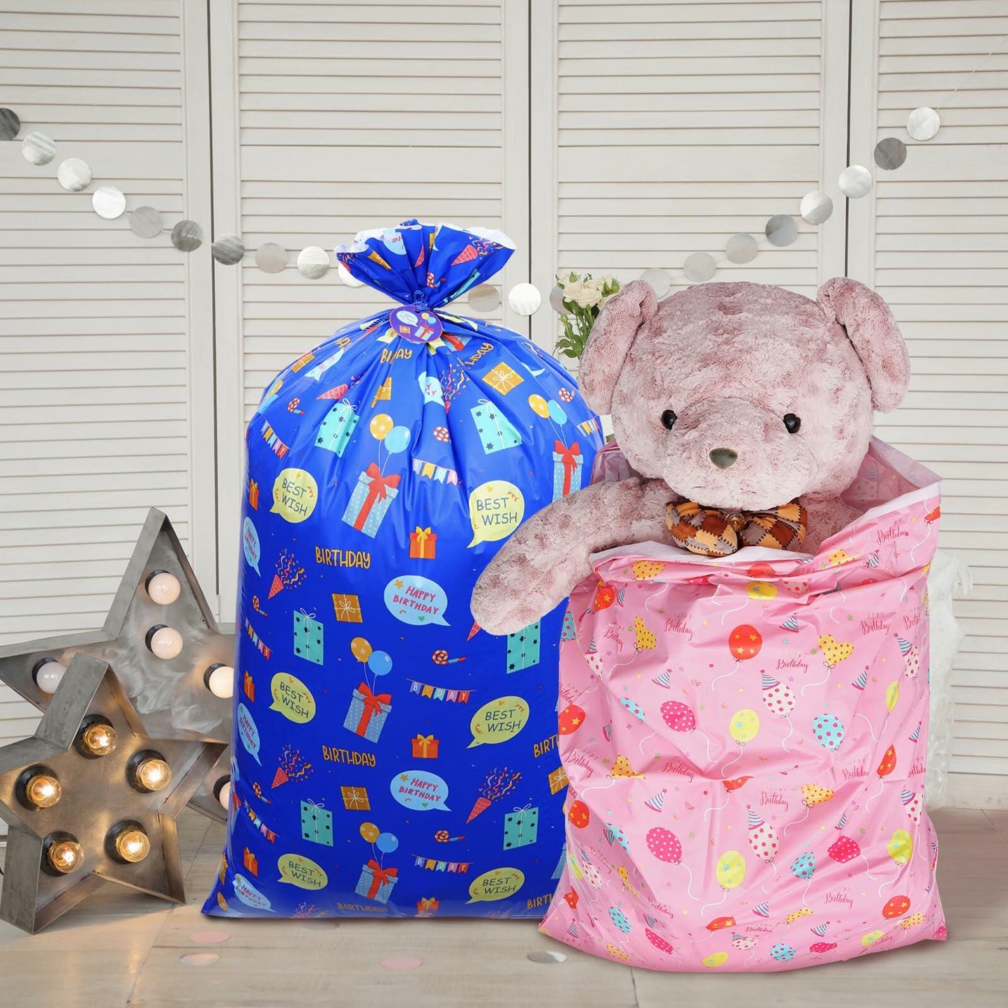 Plauthus 56" Jumbo Plastic Gift Bag Birthday Pattern Blue & Pink Pack of 2