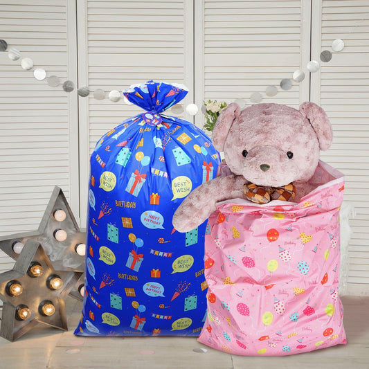 Plauthus 56" Jumbo Plastic Gift Bag Birthday Pattern Blue & Pink Pack of 2