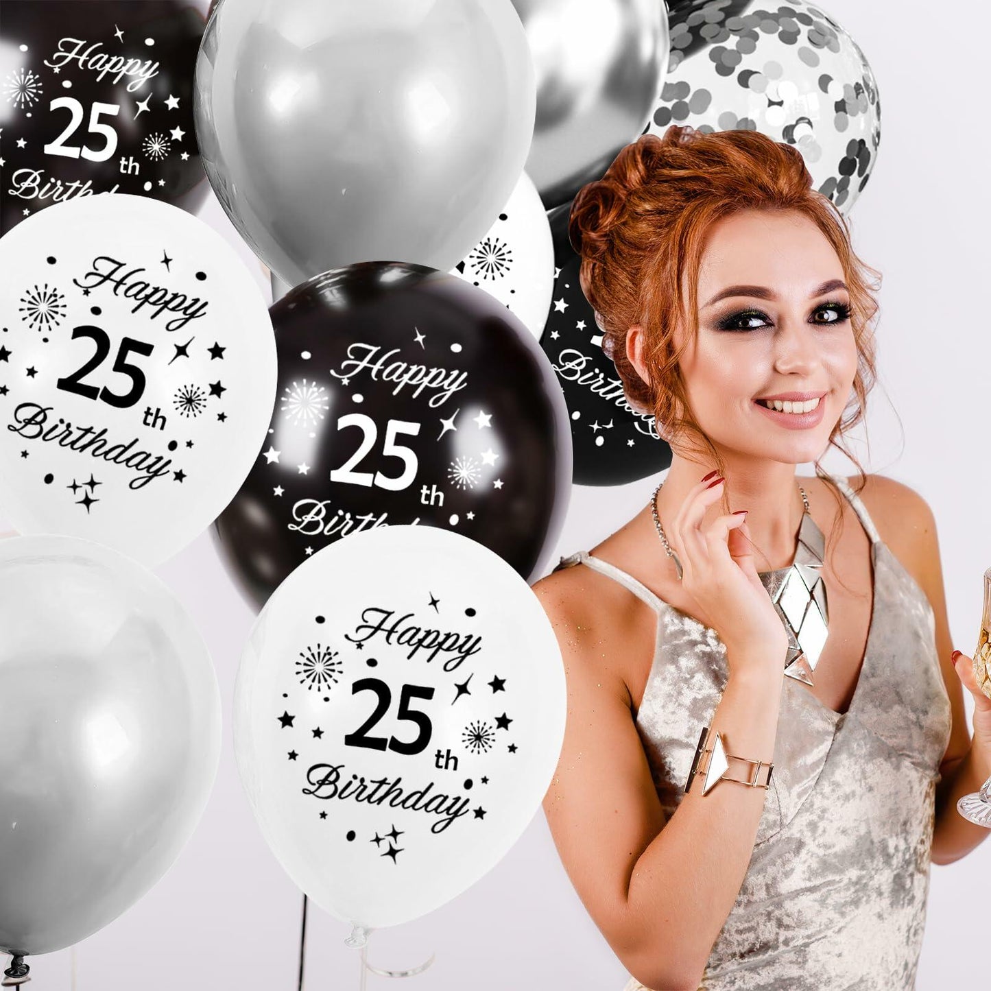 29th Birthday Balloons Set 16pcs Black Silver Latex Confetti Party Decor
