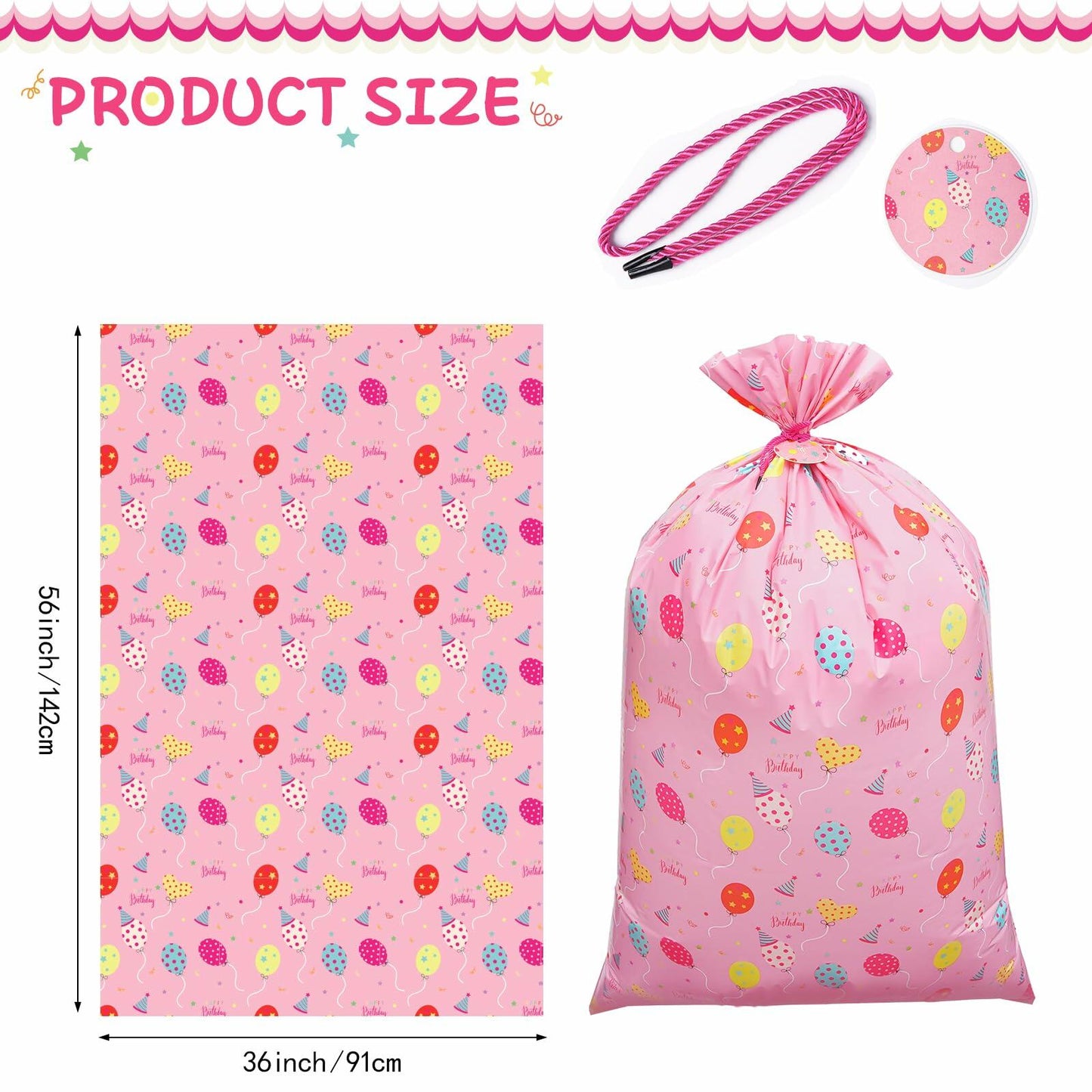 Plauthus 56" Jumbo Plastic Gift Bag Birthday Pattern Blue & Pink Pack of 2