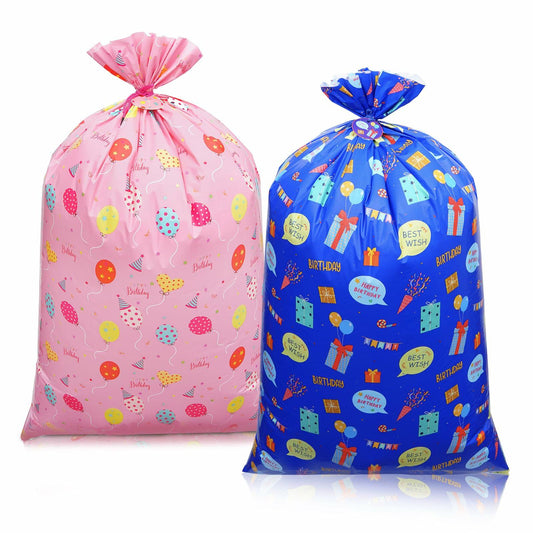 Plauthus 56" Jumbo Plastic Gift Bag Birthday Pattern Blue & Pink Pack of 2