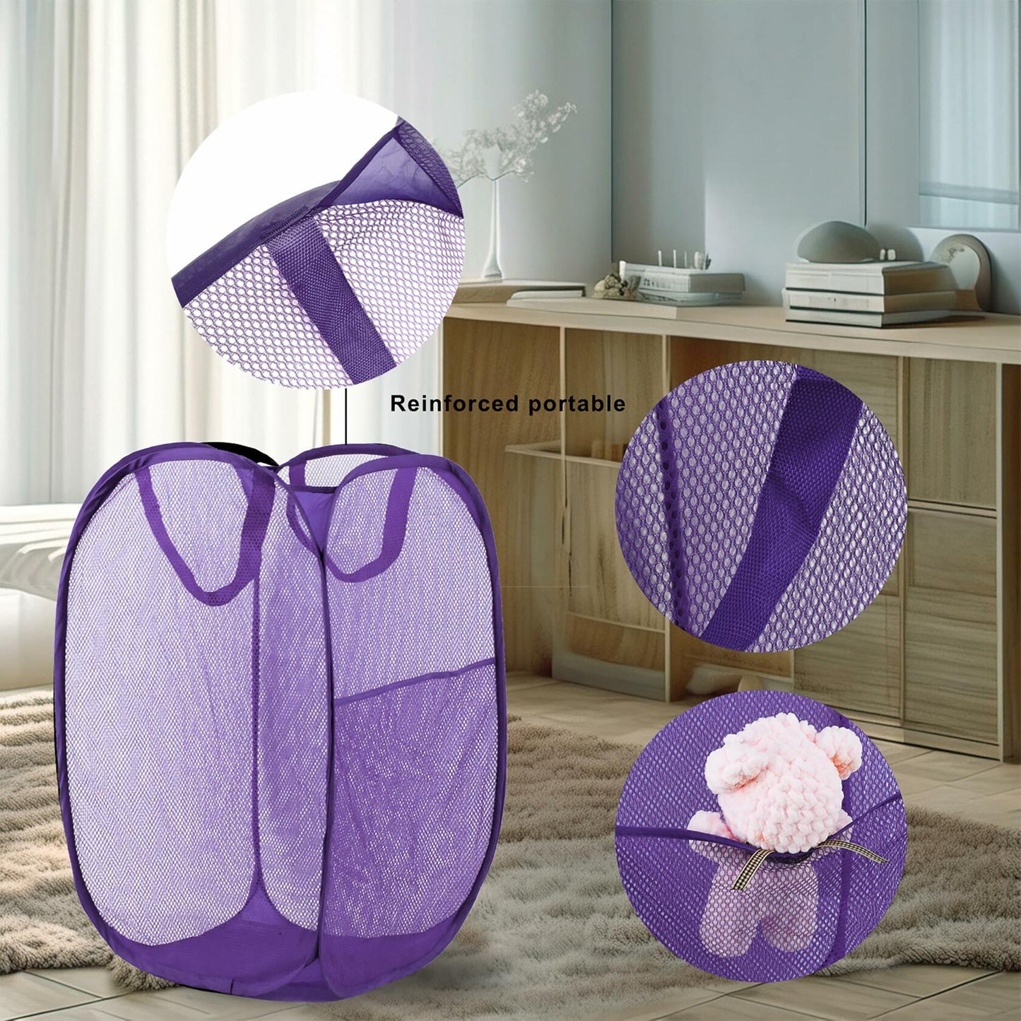 LXLOVESM Pop Up Mesh Laundry Hamper Foldable Purple 14x14x24 inches