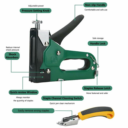 [Like New] QUQITONG Heavy Duty 3-in-1 Staple Gun Power Adjust No-Jam Green 2100 Staples