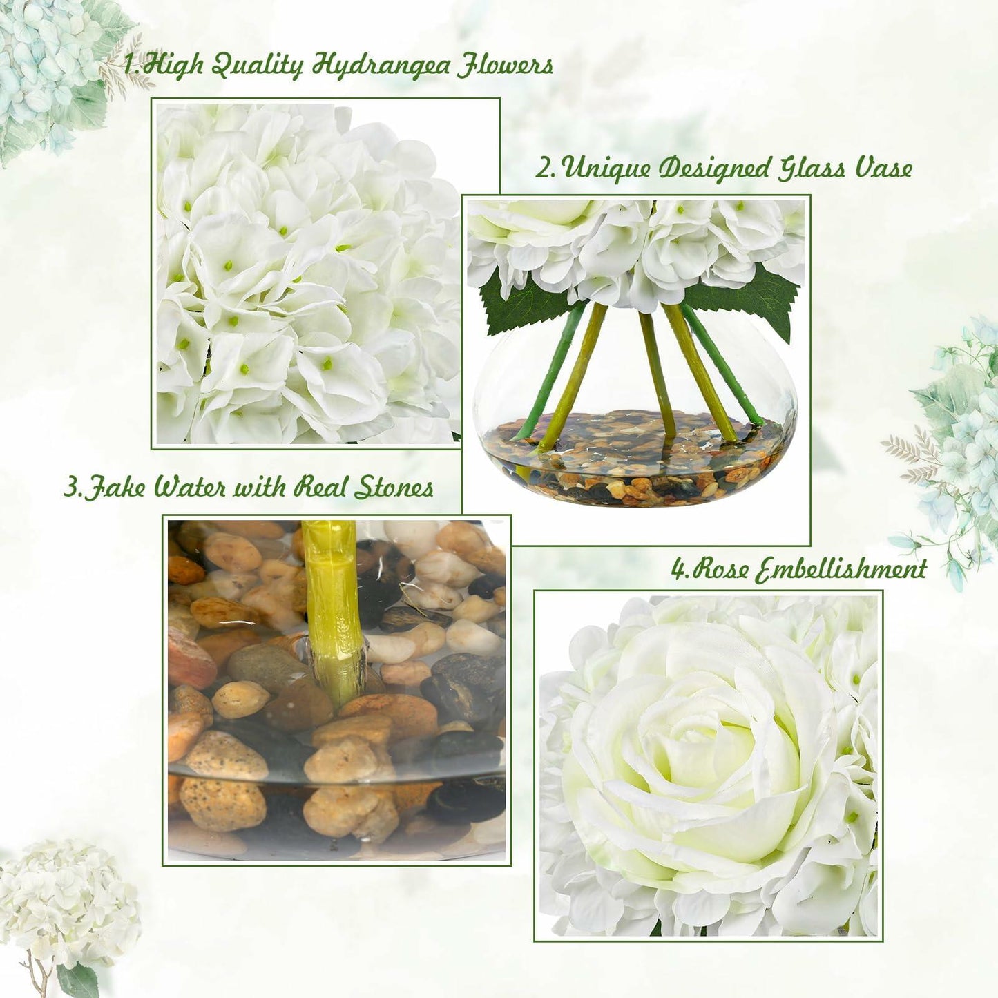 N&T NIETING Artificial White Hydrangea Flowers with Vase & Real Stone Decor