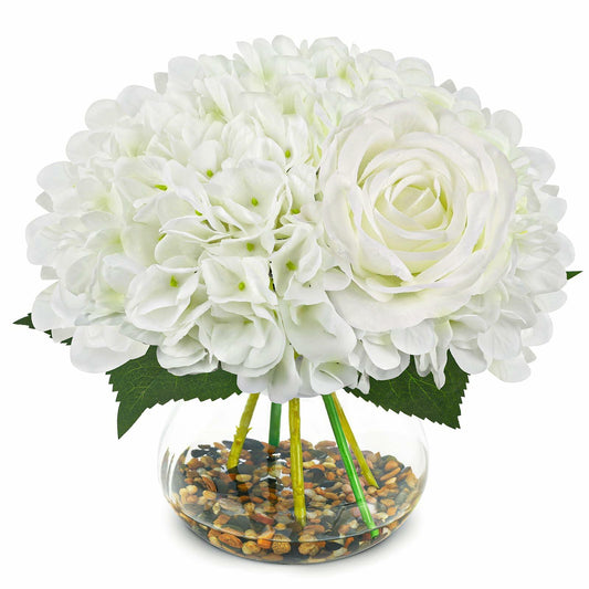 N&T NIETING Artificial White Hydrangea Flowers with Vase & Real Stone Decor