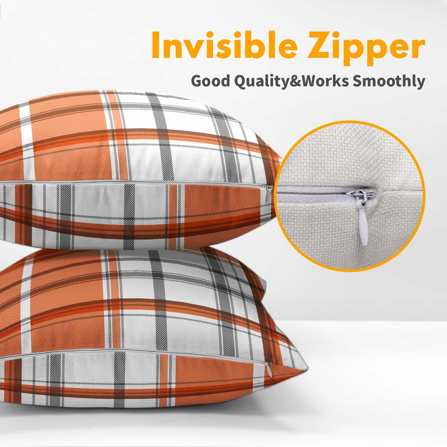 Kcozydecor Fall Pillow Covers 20x20 Orange White Plaid Set of 2 Linen