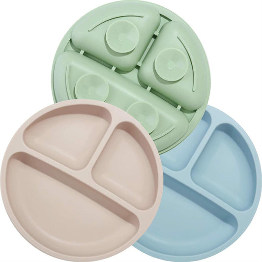 PandaEar Divided Unbreakable Silicone Baby Toddler Plates 3Pack Blue Green Brown