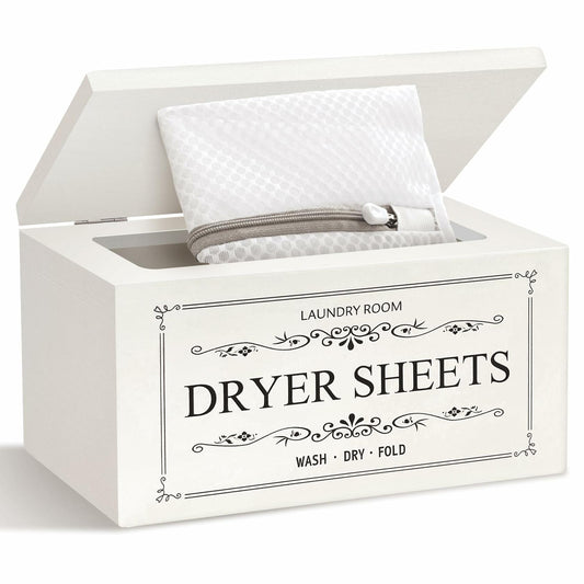 Generic Wooden Dryer Sheet Holder Dispenser with Laundry Bag White 180 Capacity