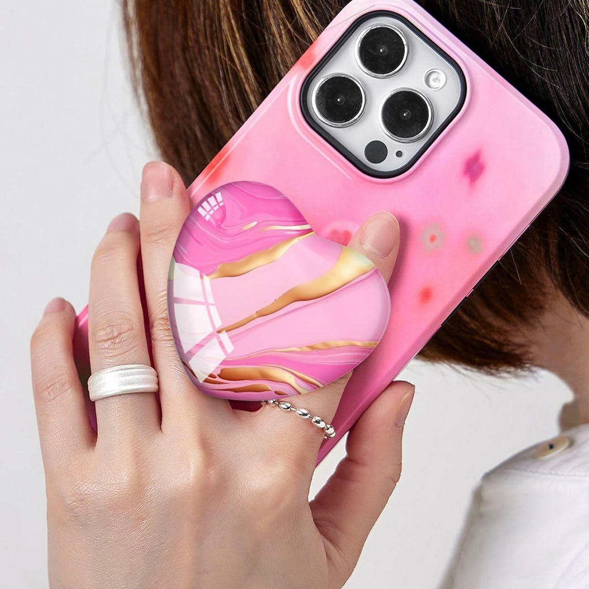 Luhoit Expanding Cell Phone Grip Heart Shape Pink Gold Marble Glass