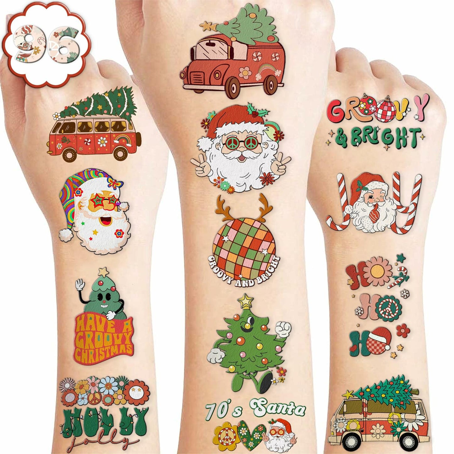 MeoIsDaBest 100 PCS Groovy Christmas Temporary Tattoos Retro Boho Multicolor