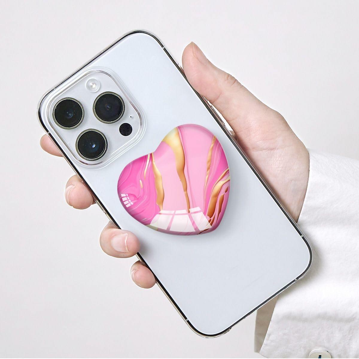 Luhoit Expanding Cell Phone Grip Heart Shape Pink Gold Marble Glass
