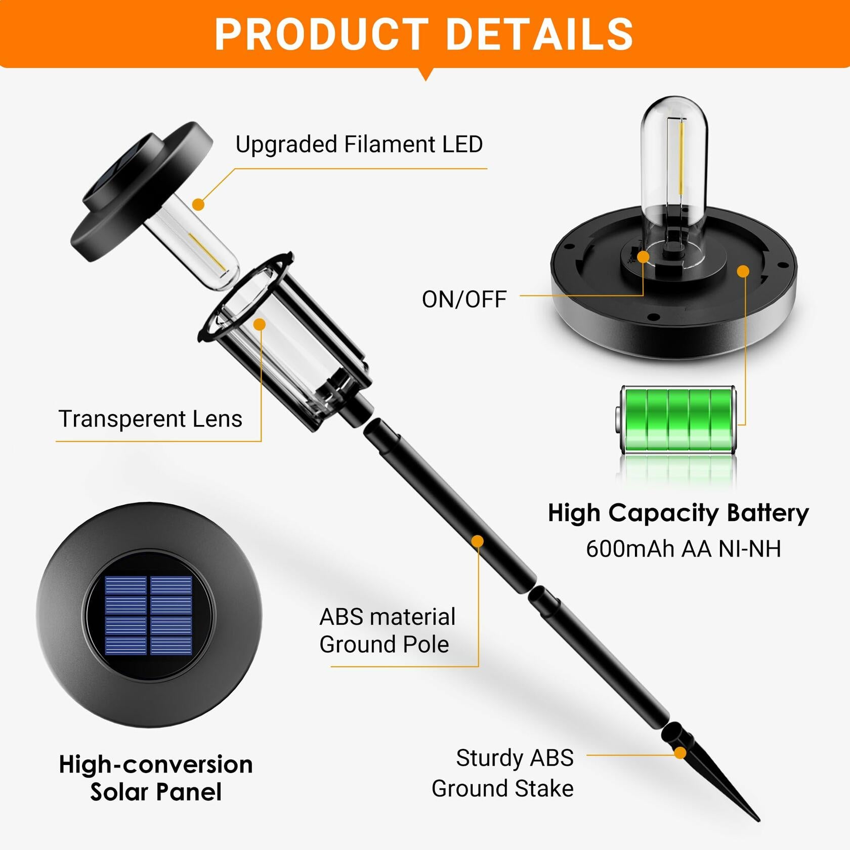 GIGALUMI Solar Outdoor Pathway Lights Waterproof Warm White 6 Pack