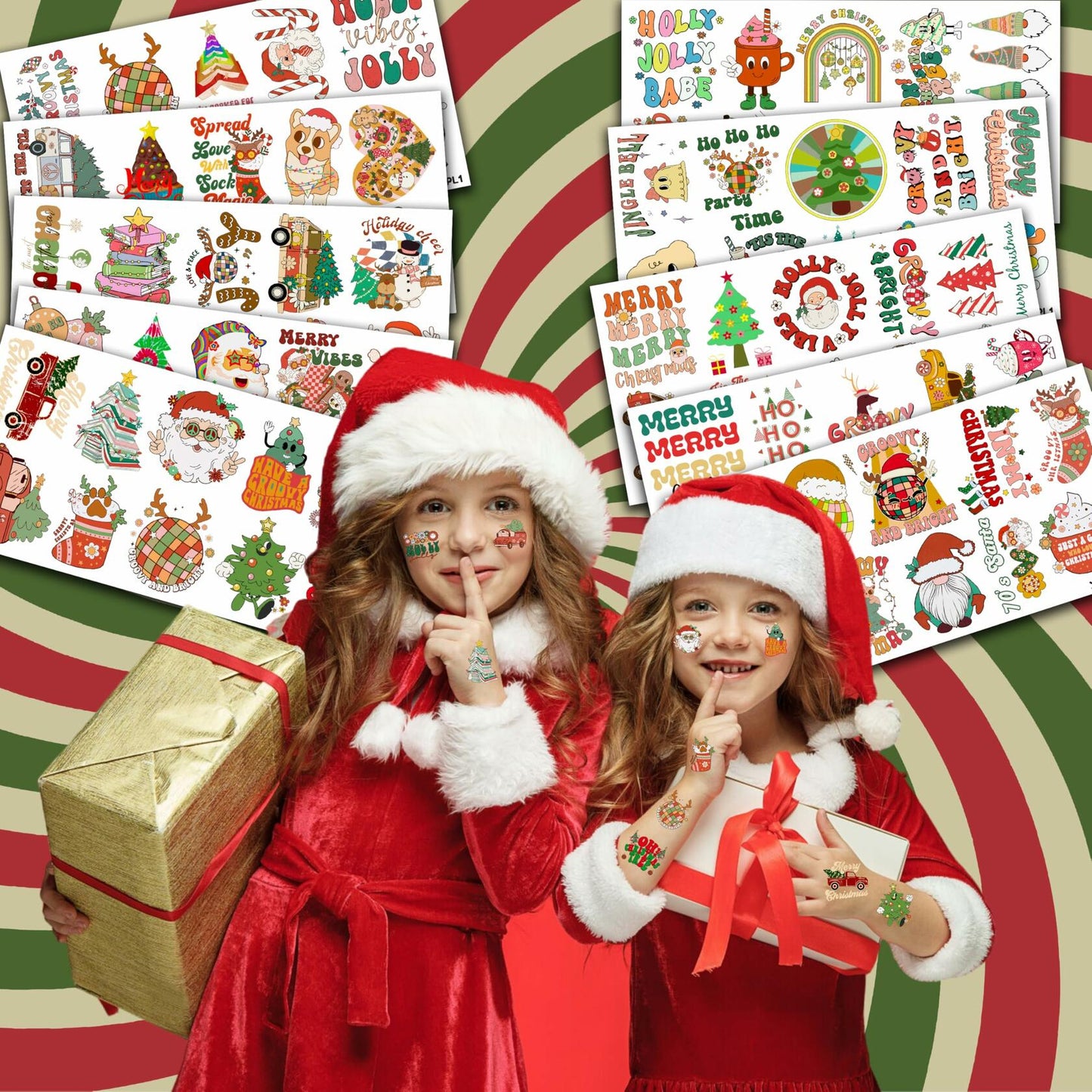 MeoIsDaBest 100 PCS Groovy Christmas Temporary Tattoos Retro Boho Multicolor