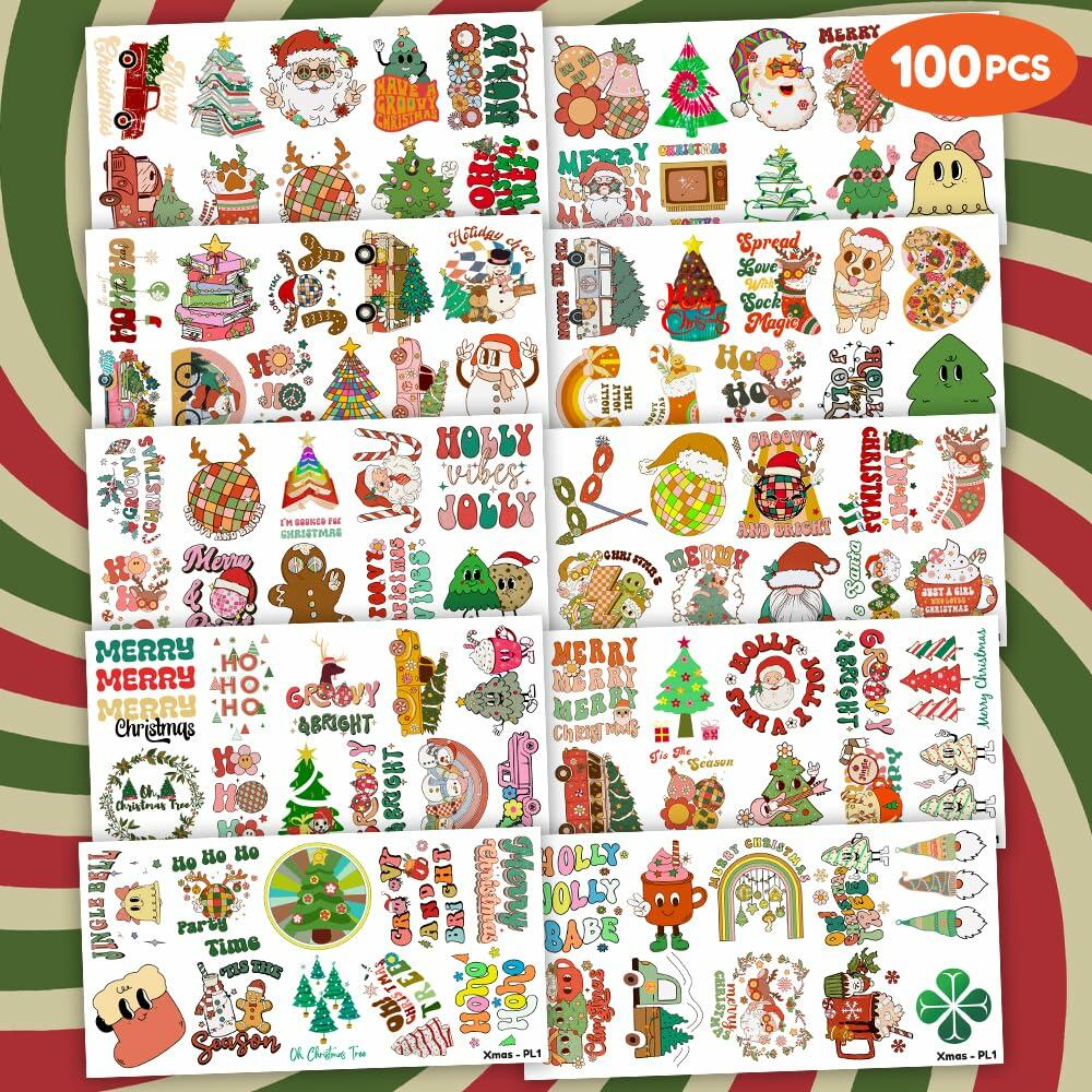 MeoIsDaBest 100 PCS Groovy Christmas Temporary Tattoos Retro Boho Multicolor