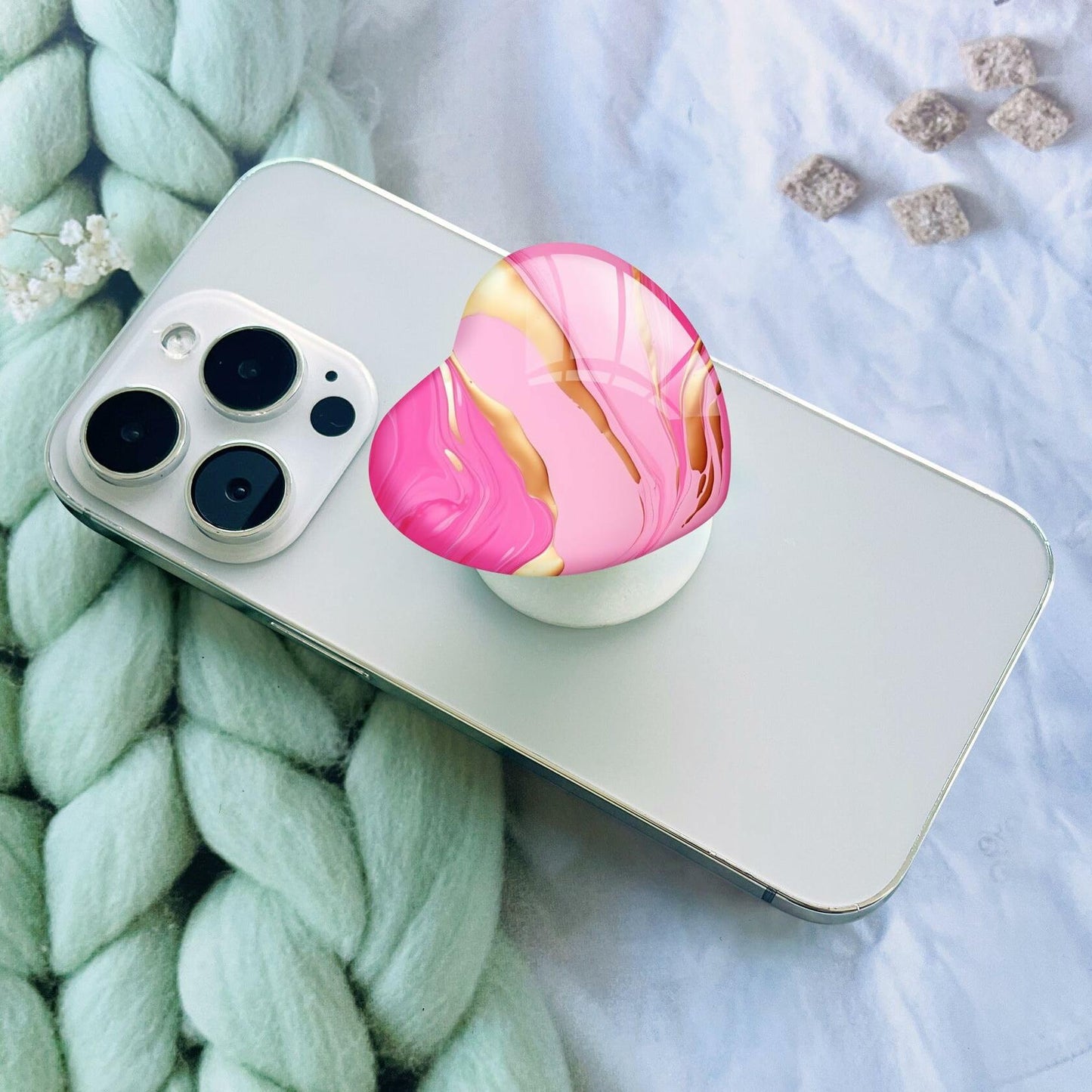 Luhoit Expanding Cell Phone Grip Heart Shape Pink Gold Marble Glass