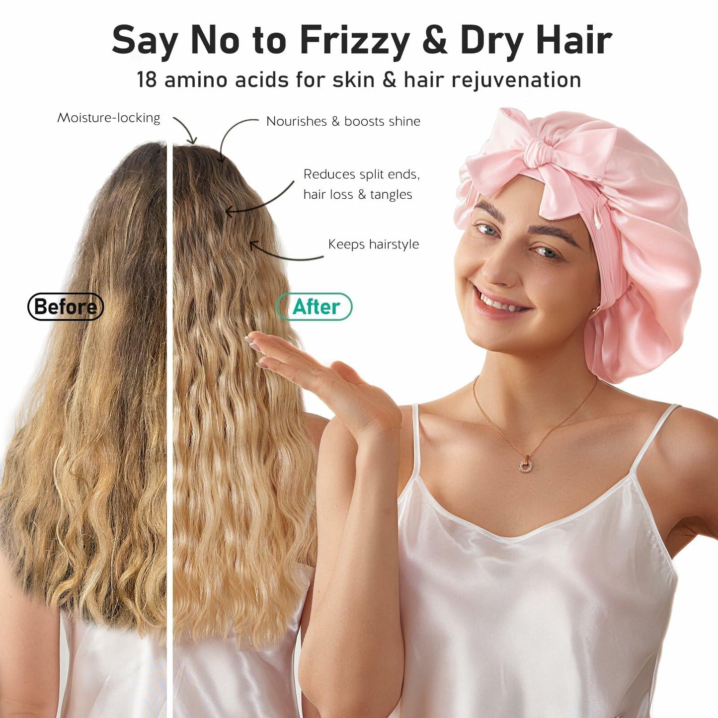 LitBear Mulberry Silk Bonnet 6A 22 Momme Large Double-Layer Pink Tie Band