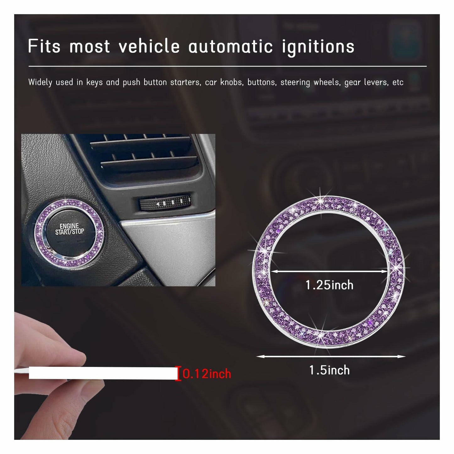 Dickno Bling Crystal Double Rhinestone Car Engine Start Stop Ring Purple 2 PCS