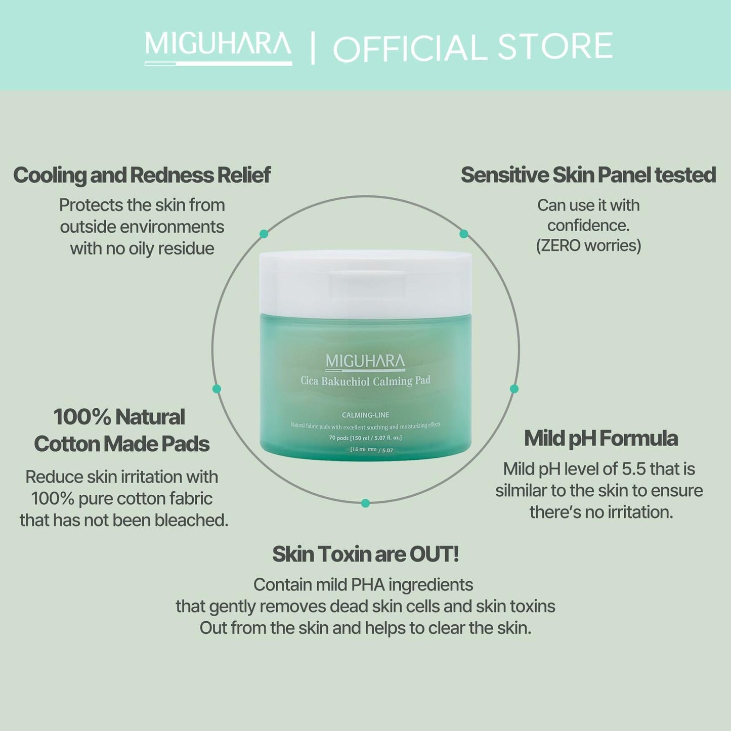 best by 02/2027 MIGUHARA Cica Bakuchiol Calming Pad Korean Skincare Toner Pad 70