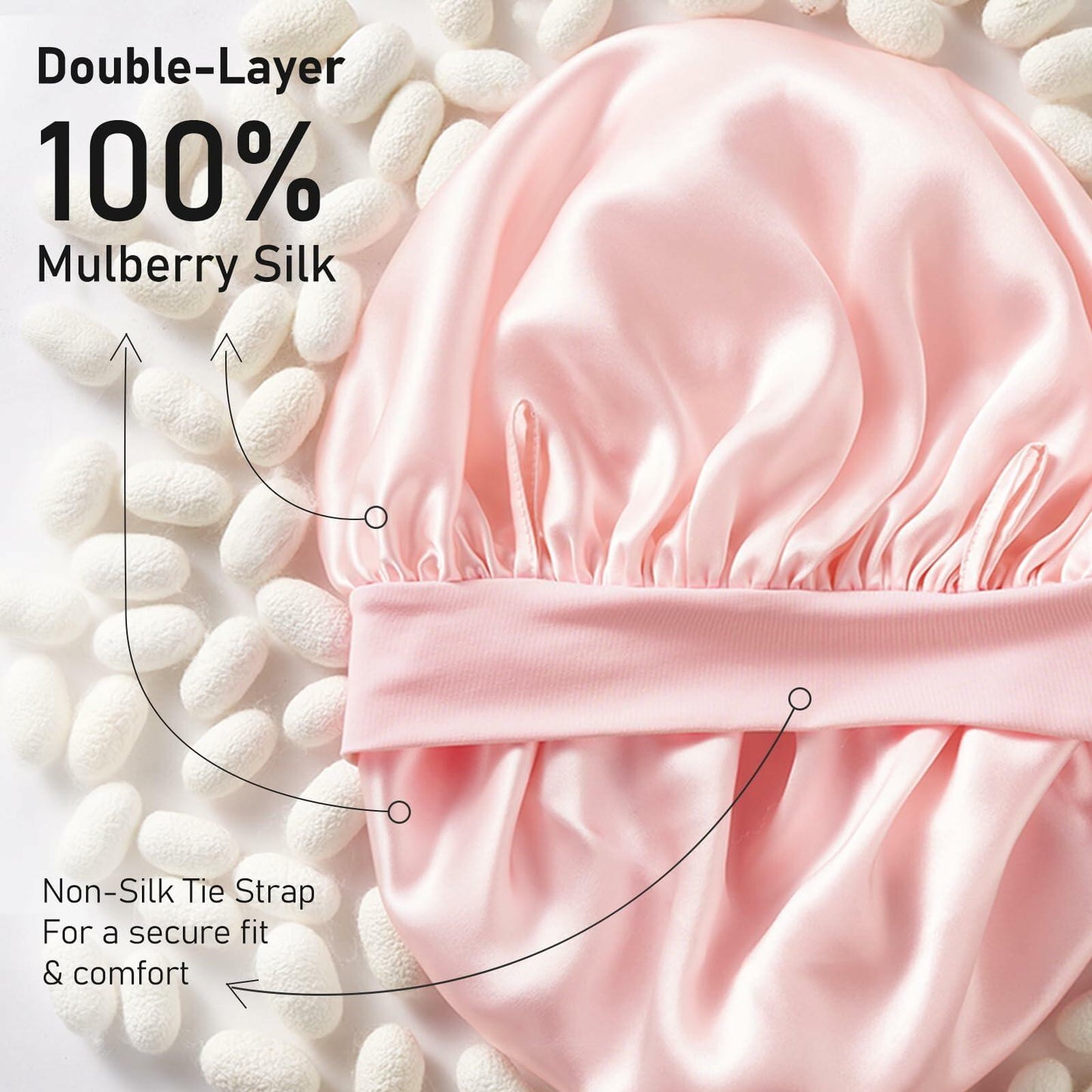 LitBear Mulberry Silk Bonnet 6A 22 Momme Large Double-Layer Pink Tie Band