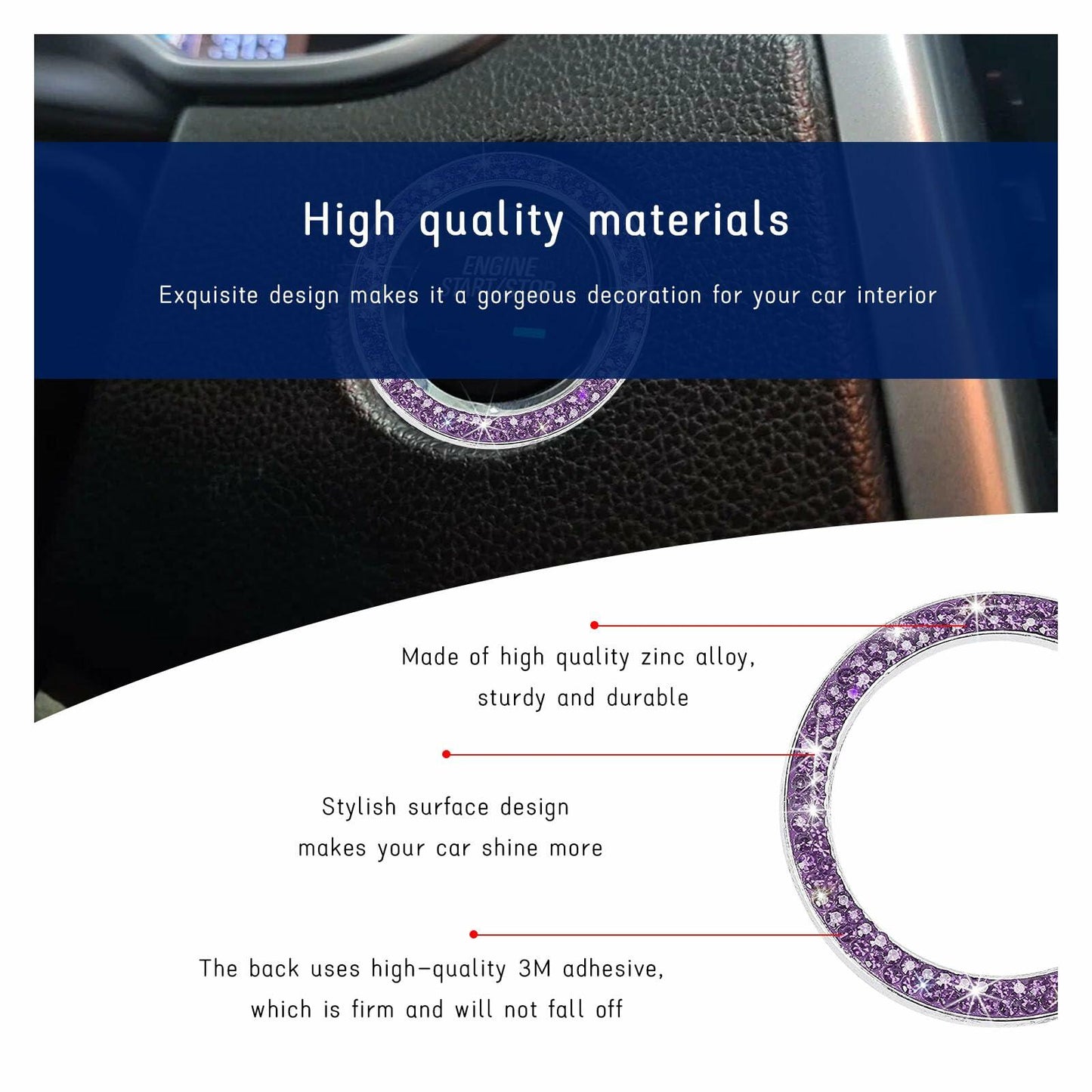 Dickno Bling Crystal Double Rhinestone Car Engine Start Stop Ring Purple 2 PCS