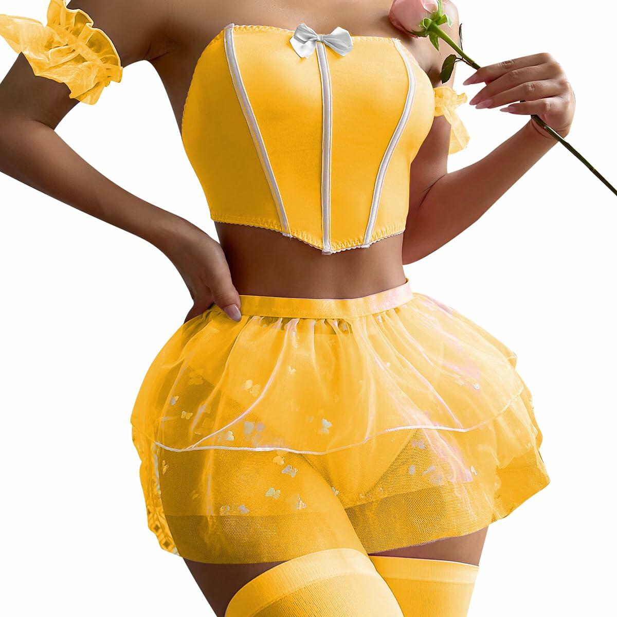 OYOANGLE Women's 6pc Babydoll Lingerie Set Bow Front Chemise Skirt Yellow XL