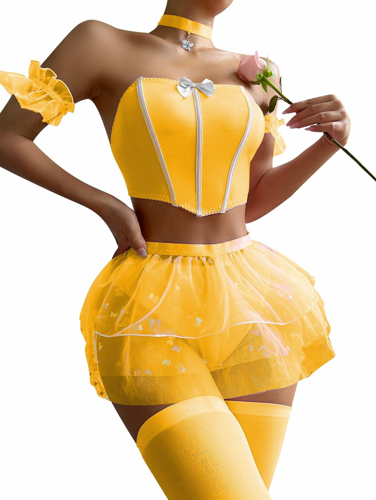 OYOANGLE Women's 6pc Babydoll Lingerie Set Bow Front Chemise Skirt Yellow XL