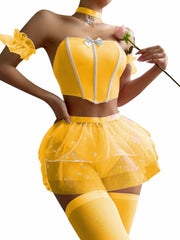 OYOANGLE Women's 6pc Babydoll Lingerie Set Bow Front Chemise Skirt Yellow XL