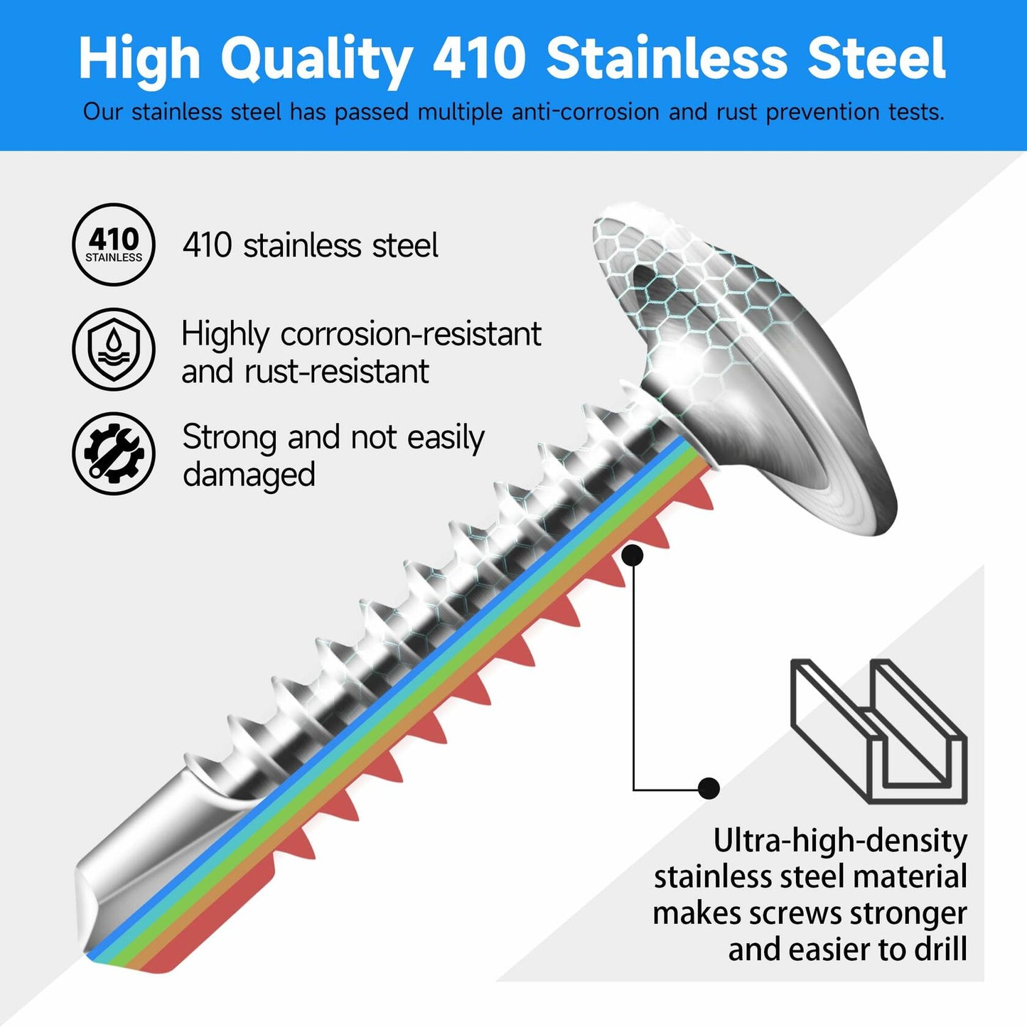 Marysino 100Pcs #8x1-1/2" 410 Stainless Steel Self Tapping Screws Metal