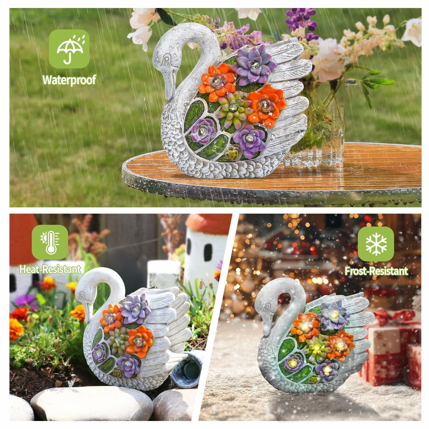 ENOU Solar Garden Swan Statue Outdoor Patio Yard Decor White Metal