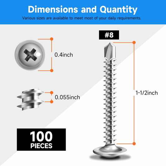 Marysino 100Pcs #8x1-1/2" 410 Stainless Steel Self Tapping Screws Metal