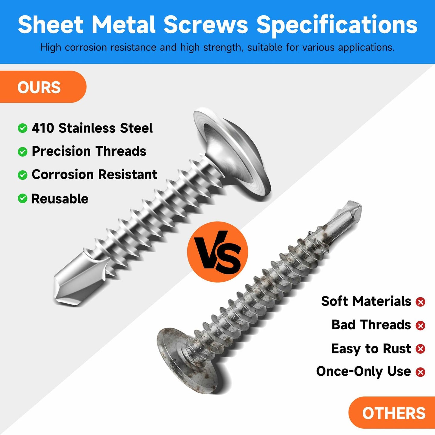 Marysino 100Pcs #8x1-1/2" 410 Stainless Steel Self Tapping Screws Metal