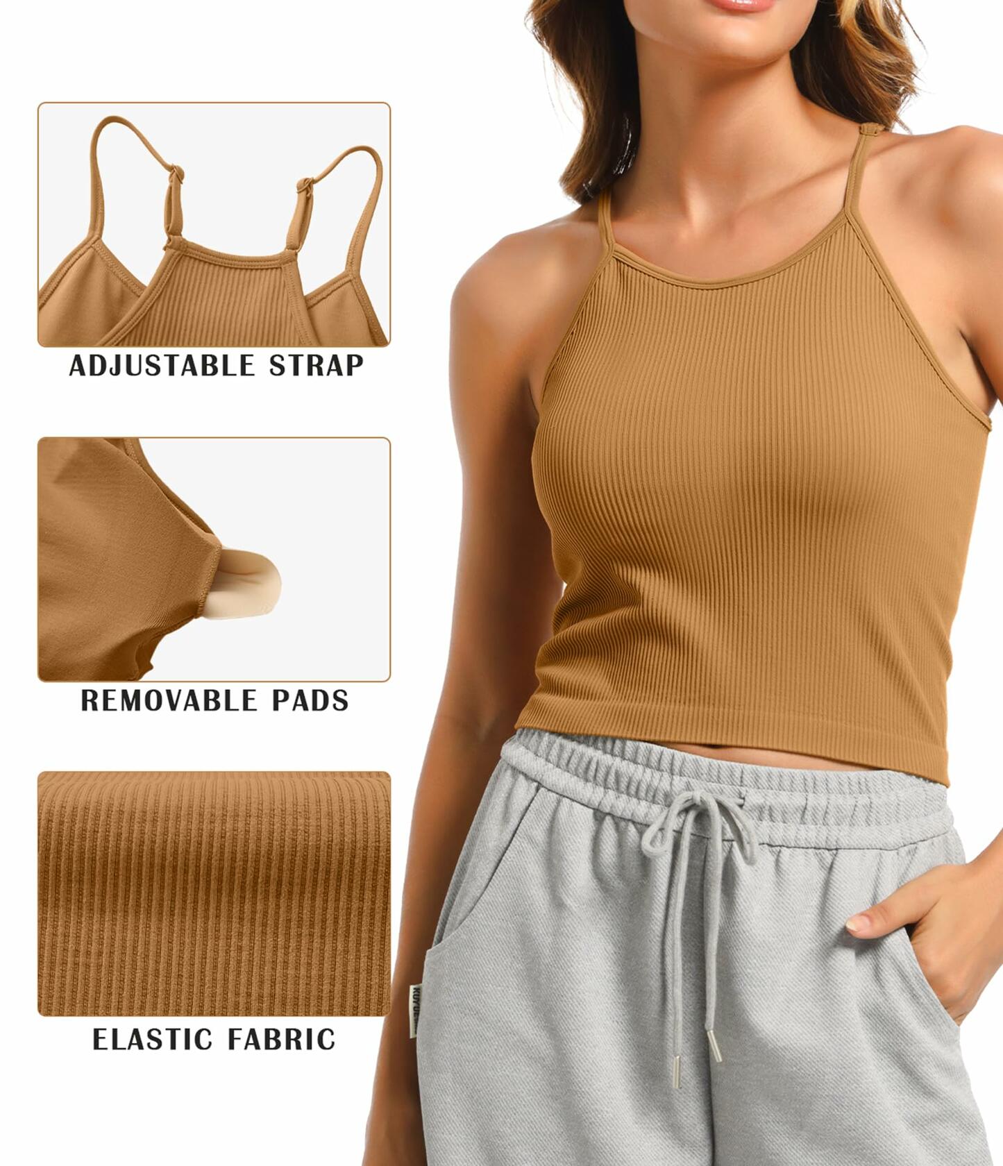 OVESPORT 2Pack Workout Tank Tops Women Built-in Bra Brown+White Size L