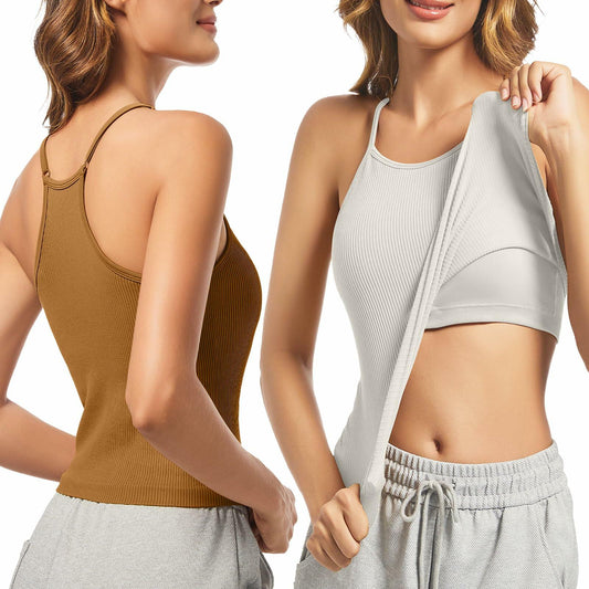 OVESPORT 2Pack Workout Tank Tops Women Built-in Bra Brown+White Size L