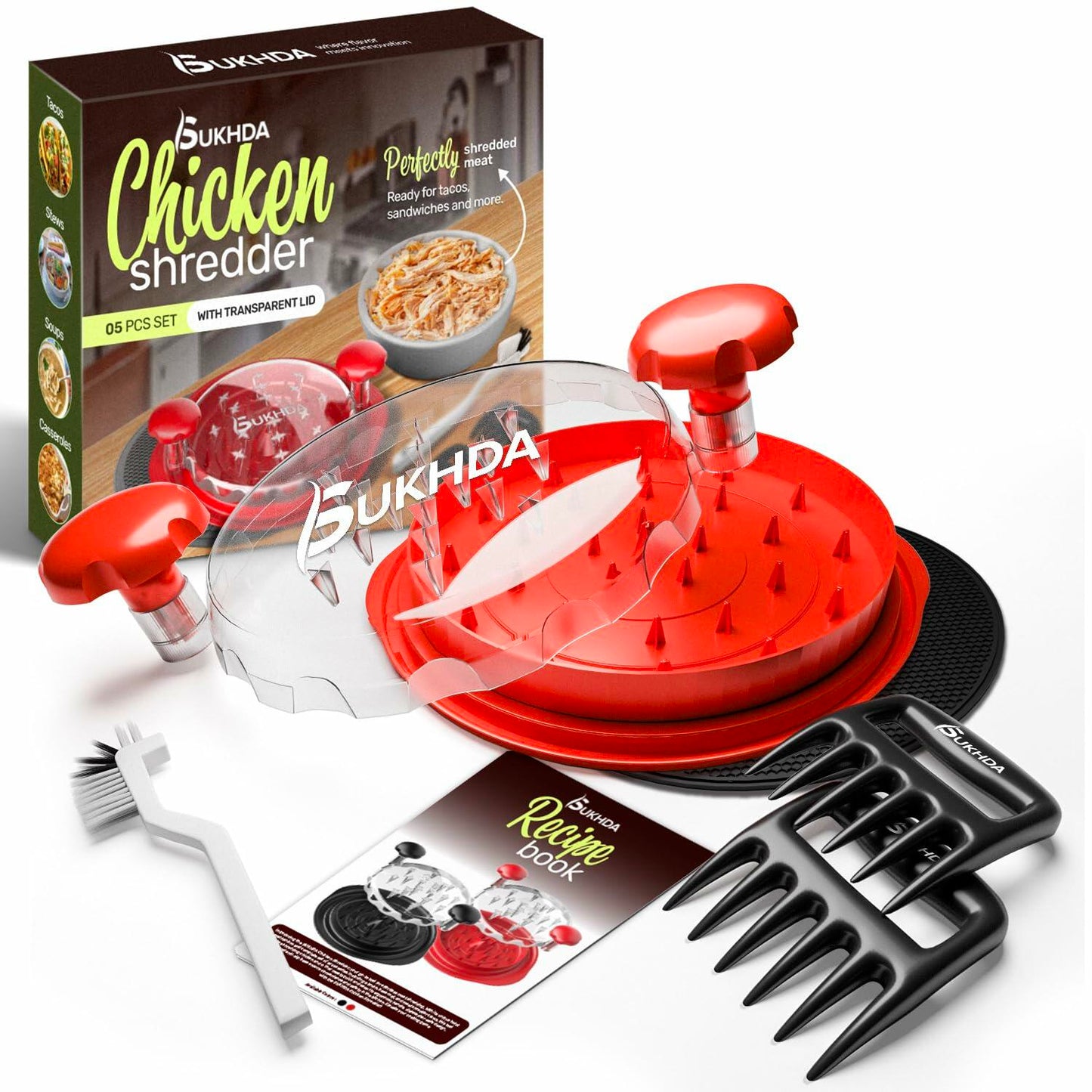 SUKHDA Chicken Shredder Tool Twist Pro Grinder with Brush Meat Claws Red